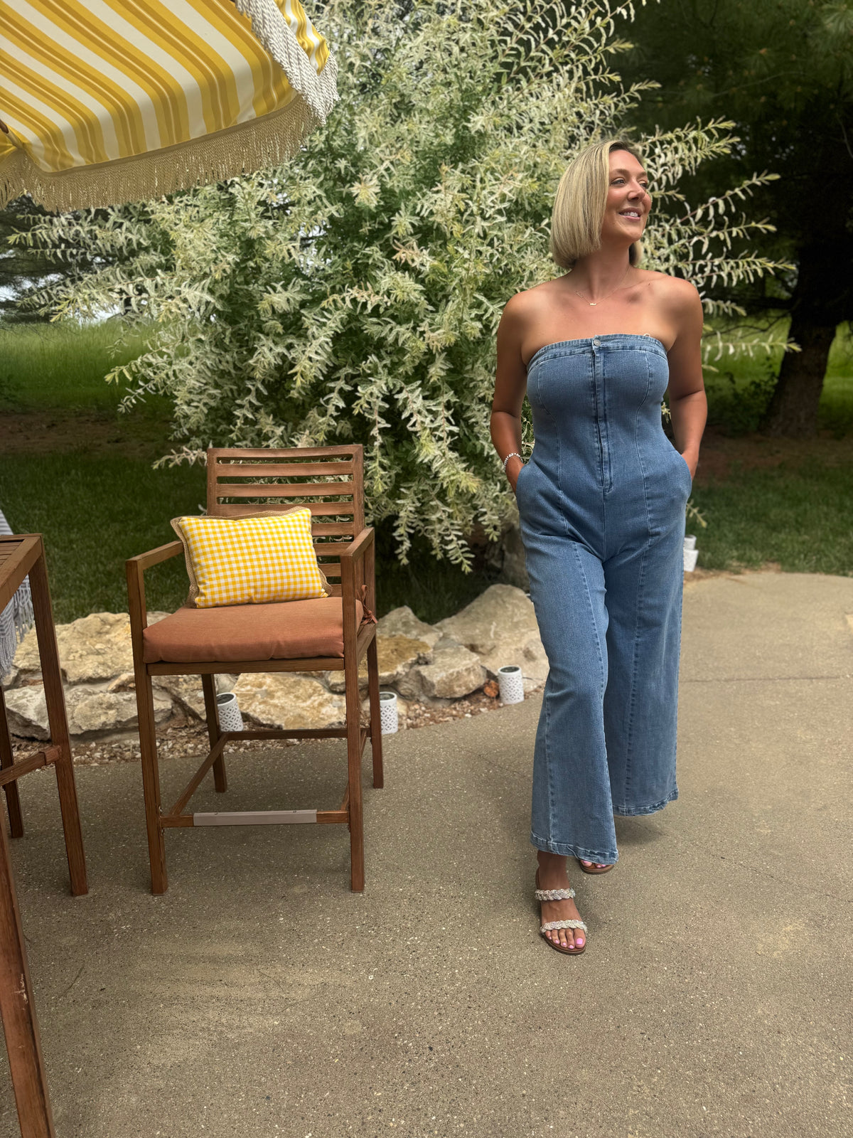 Strapless Wide Leg Denim Jumpsuit