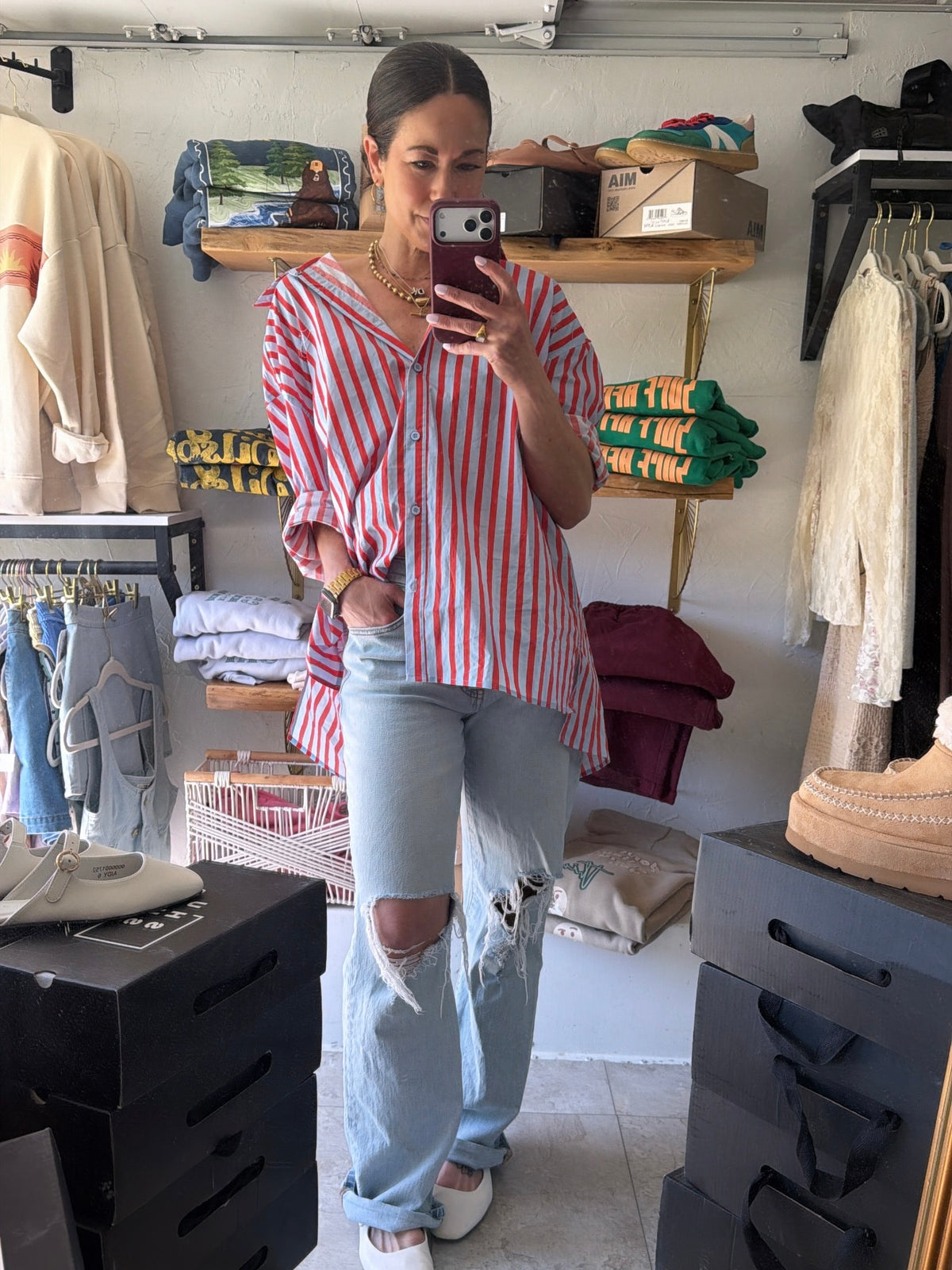 Tomato & Light Blue Striped Oversized Shirt