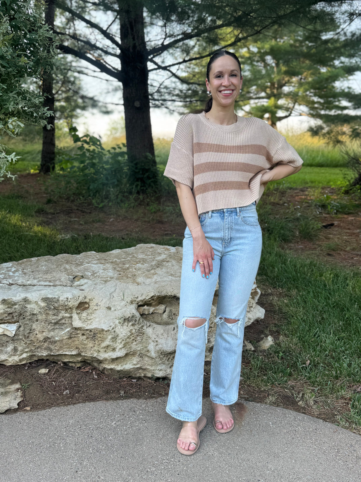 Beige & Brown Striped Short Sleeve Sweater