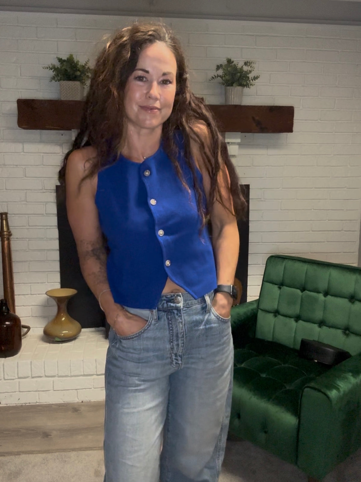 Cobalt Blue Sleeveless Button Front Top