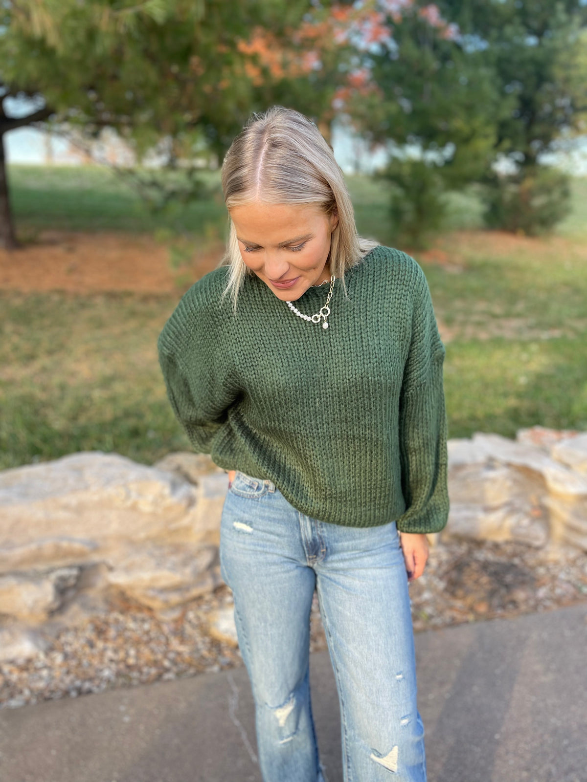 Hunter Green Dropped Shoulder Cozy Sweater
