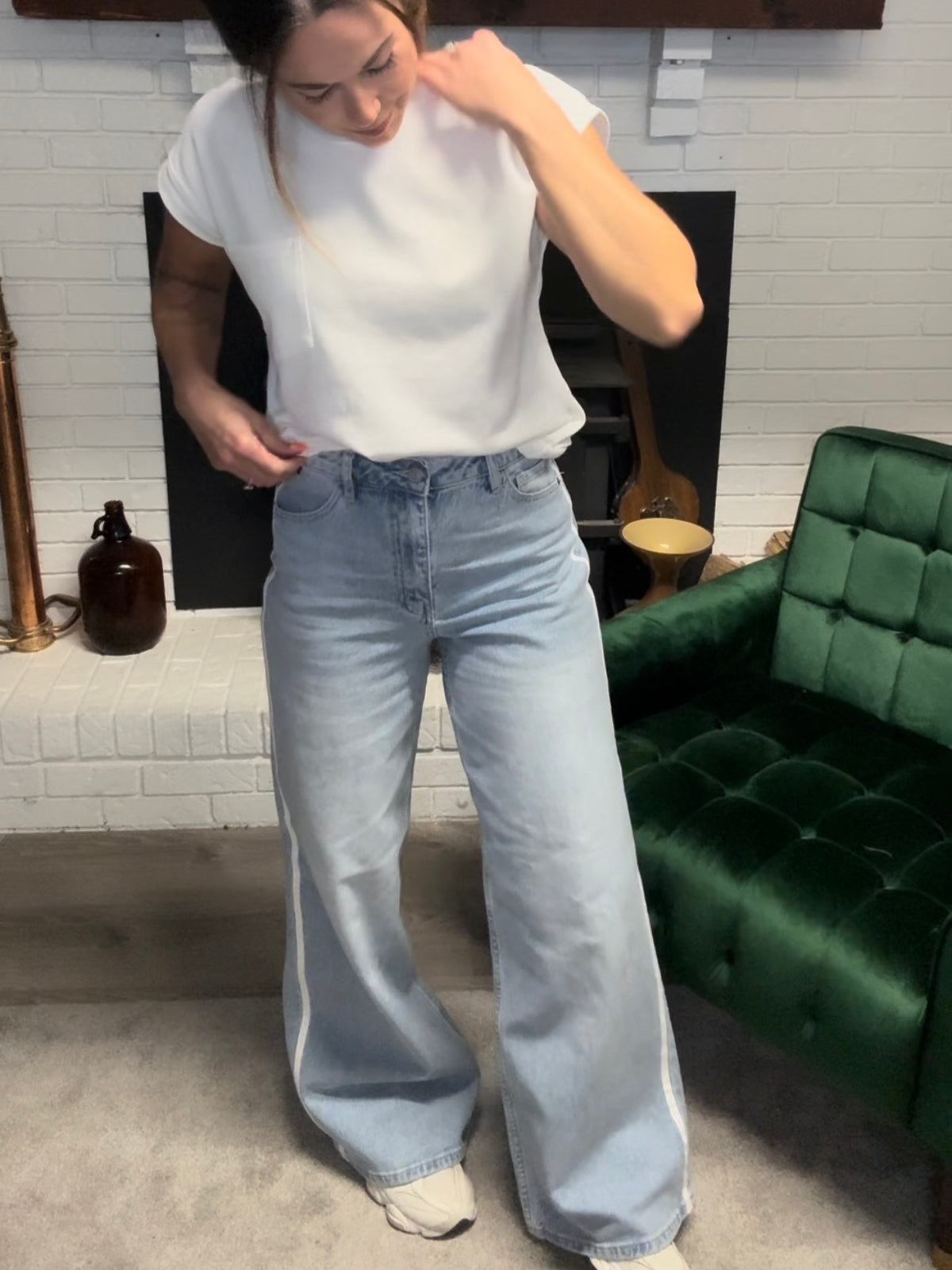 Wide Leg White Side Seam Detail Jeans