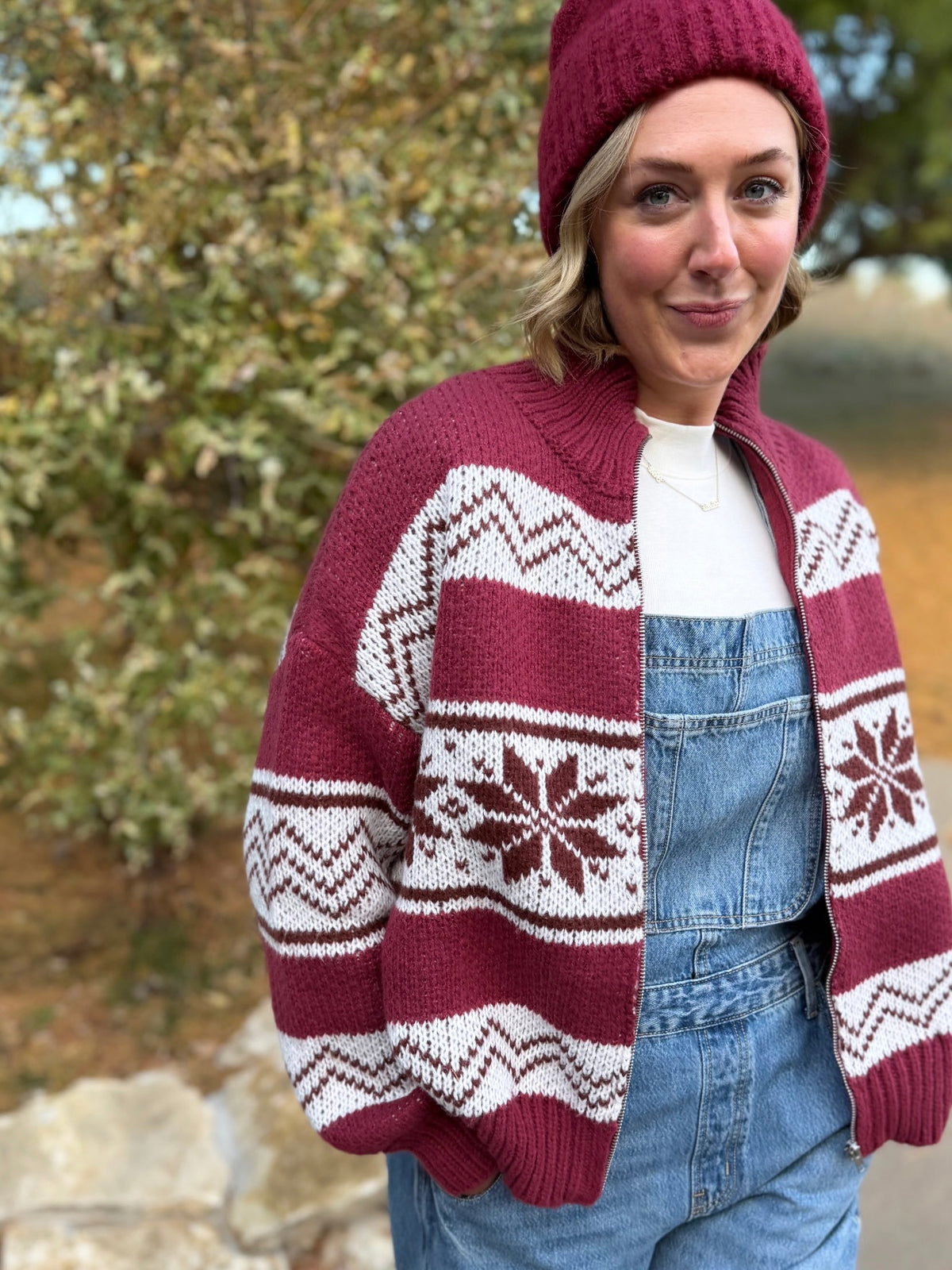 Burgundy Zip Front Fair Isle Sweater