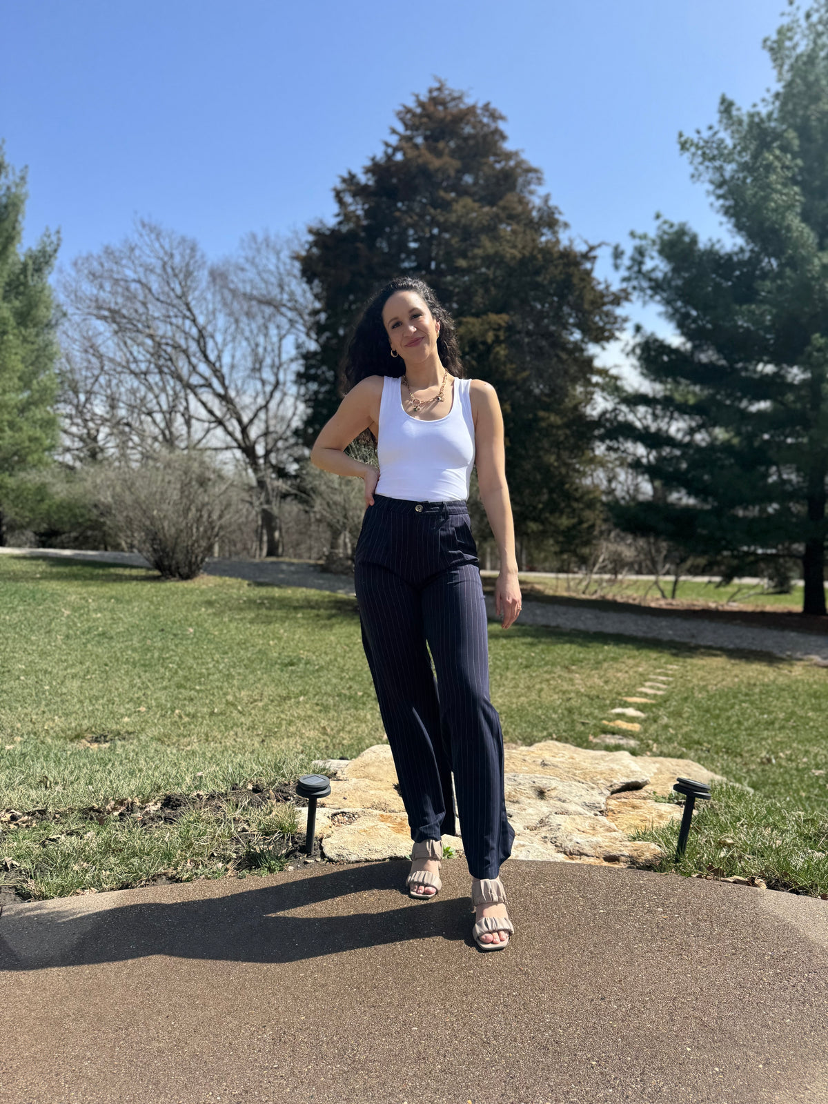 Navy Pinstripe Trousers