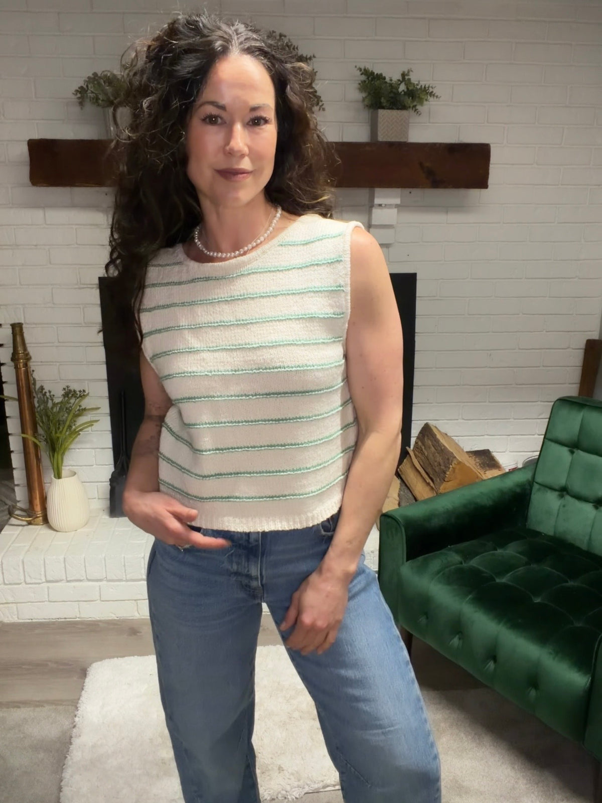 Cream & Green Striped Low Back Sleeveless Sweater