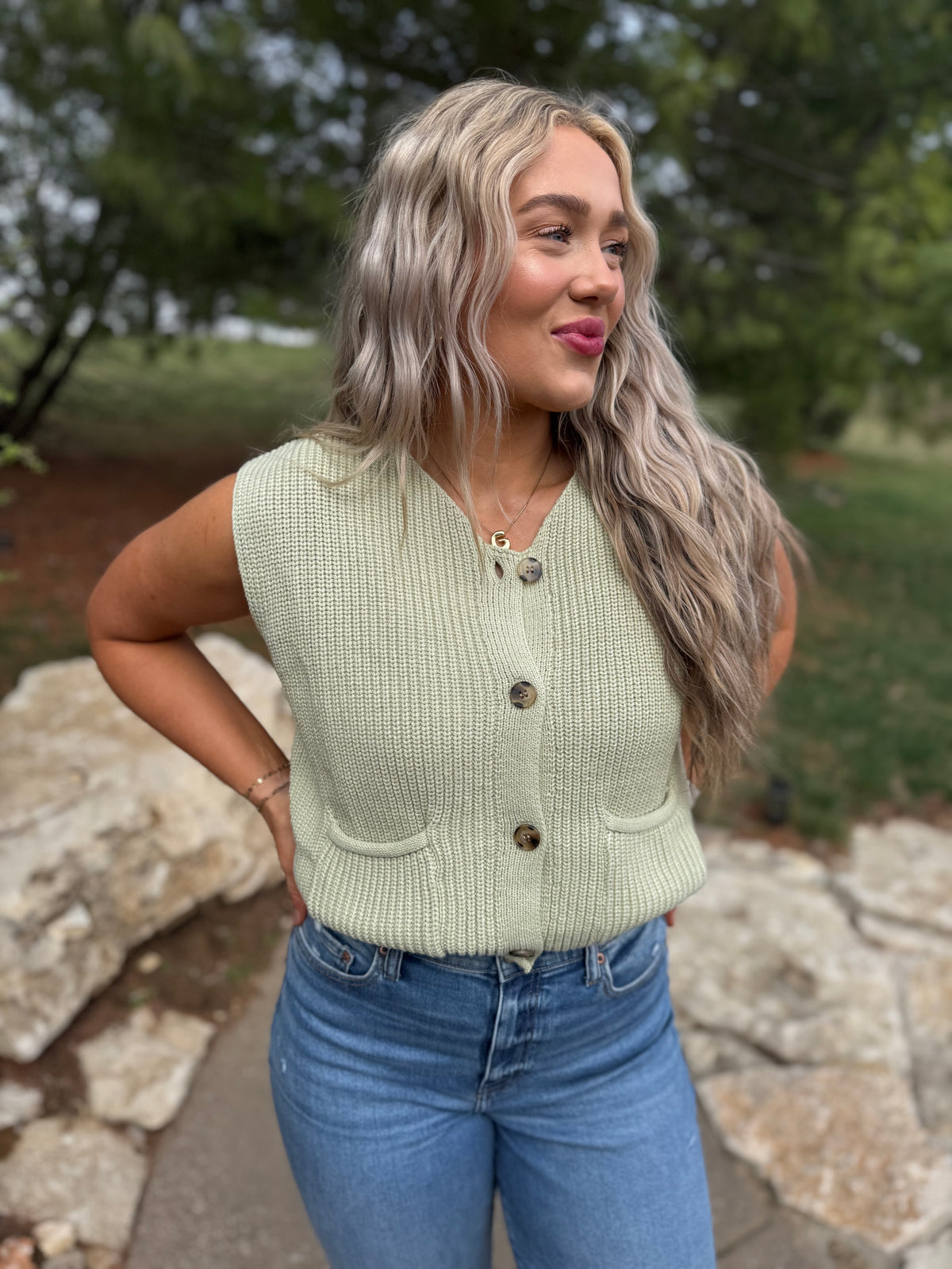 Light Green Button Front Sweater Vest