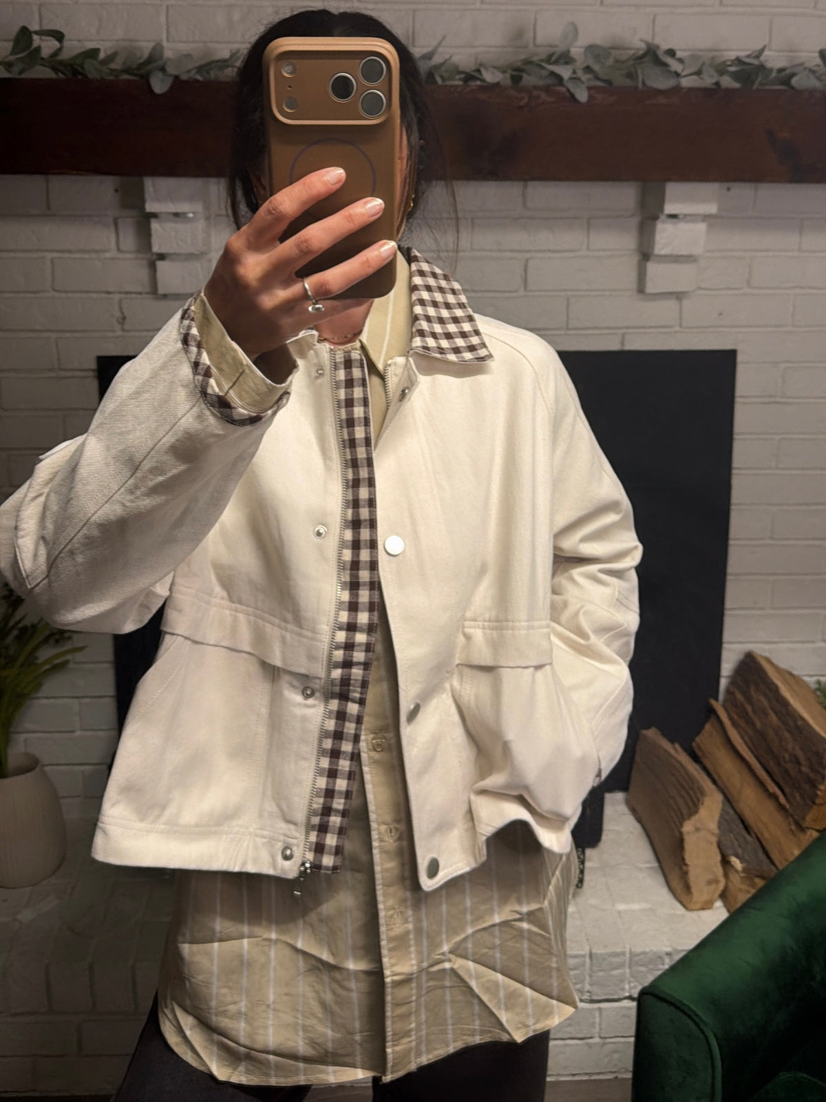Cream & Mocha Gingham Contrast Denim Jacket