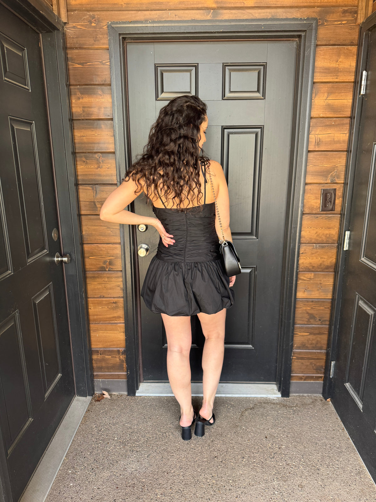 Black Tie Shoulder Bubble Hem Dress