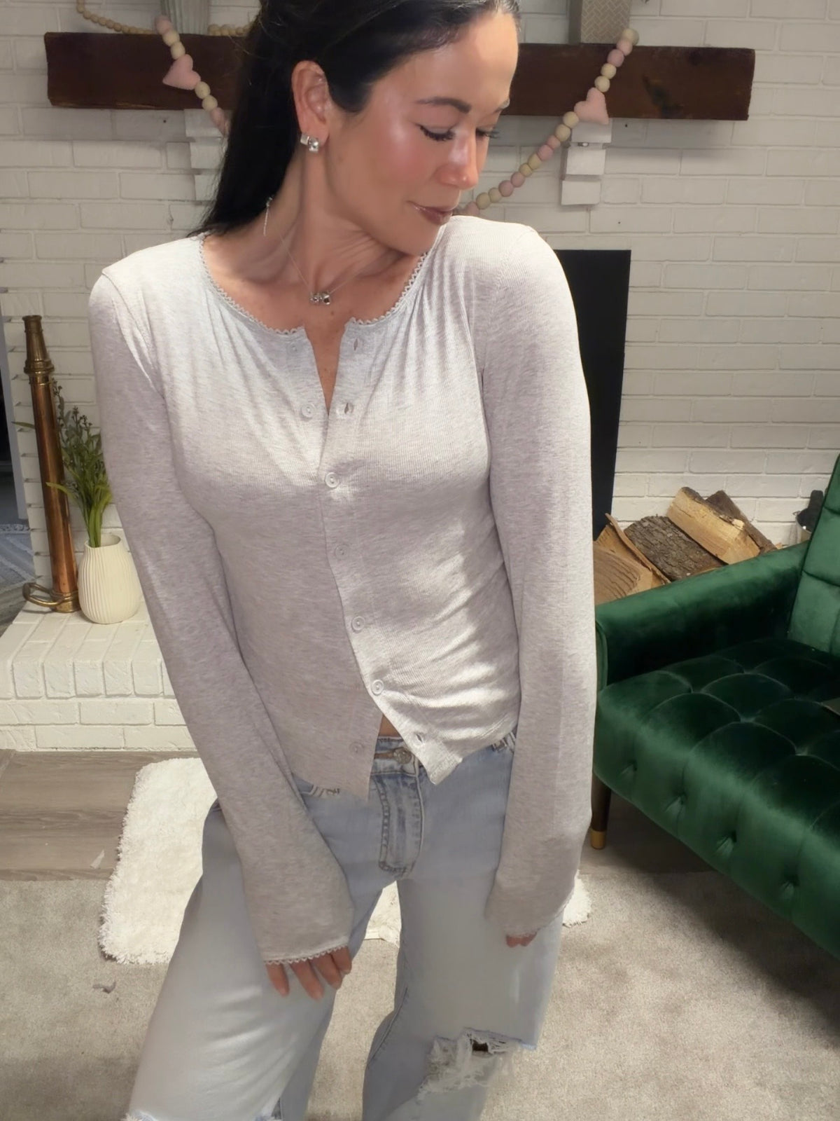 Grey Pico Trim Button Front Top