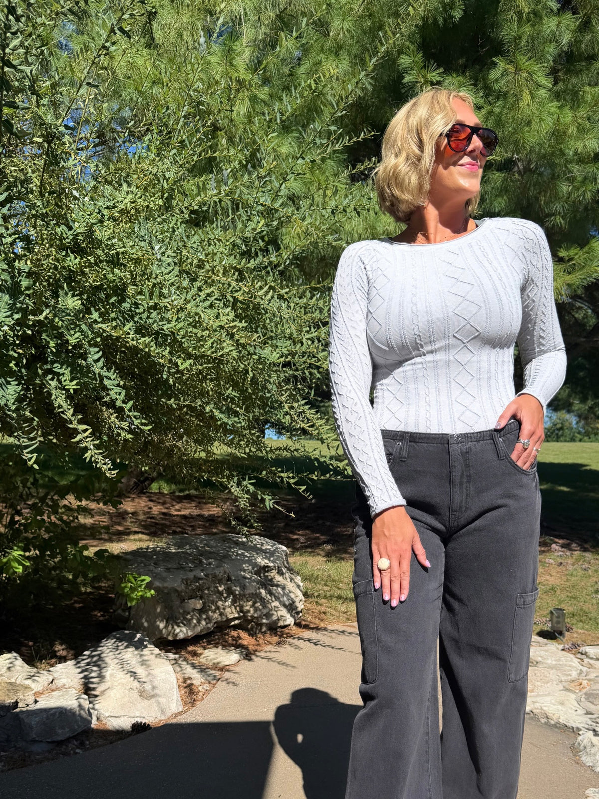 Grey Textured Long Sleeve Fitted Top