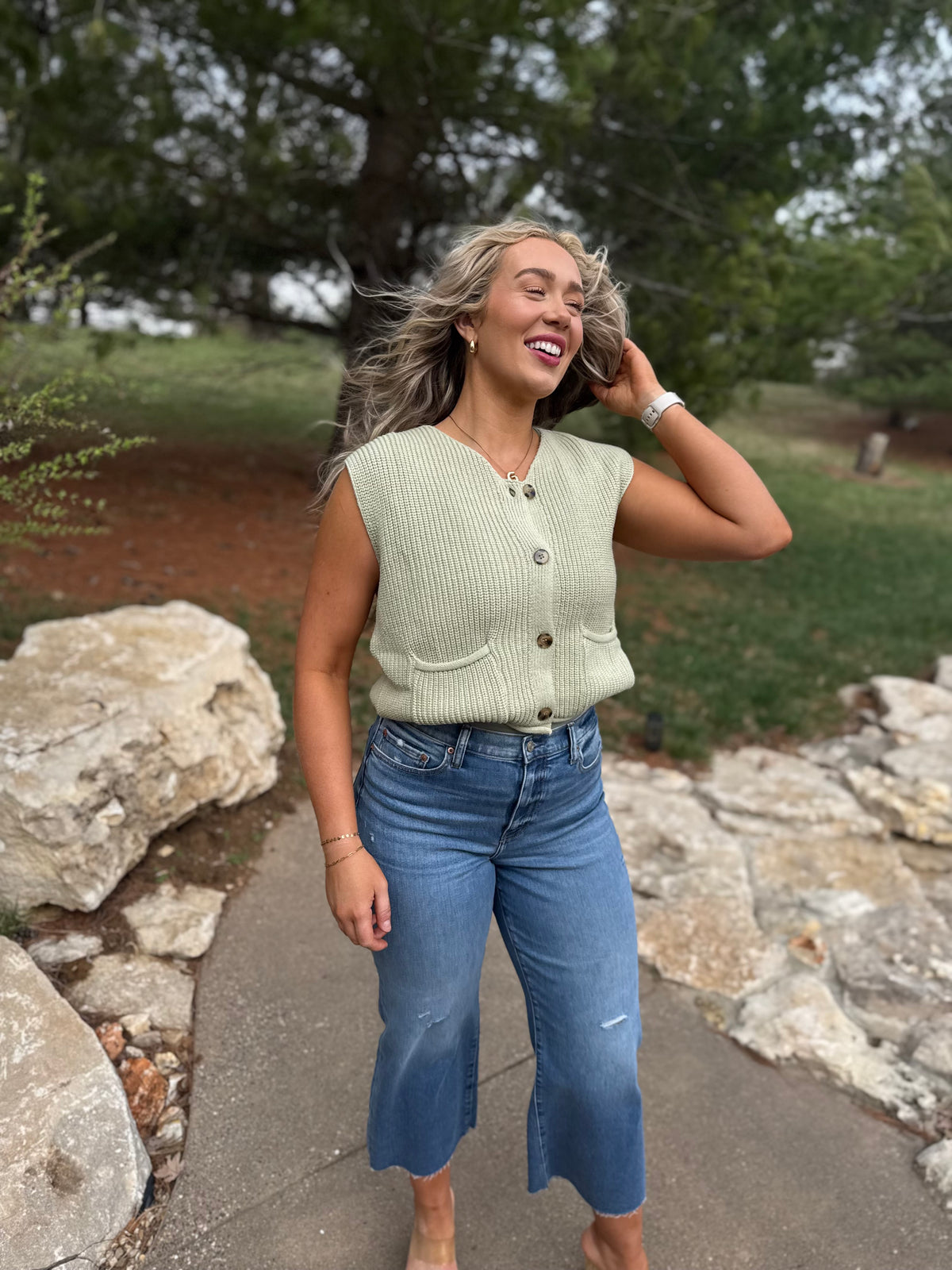 Light Green Button Front Sweater Vest