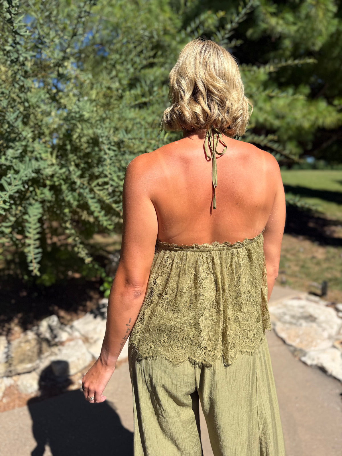 Olive Scallop Lace Halter Top
