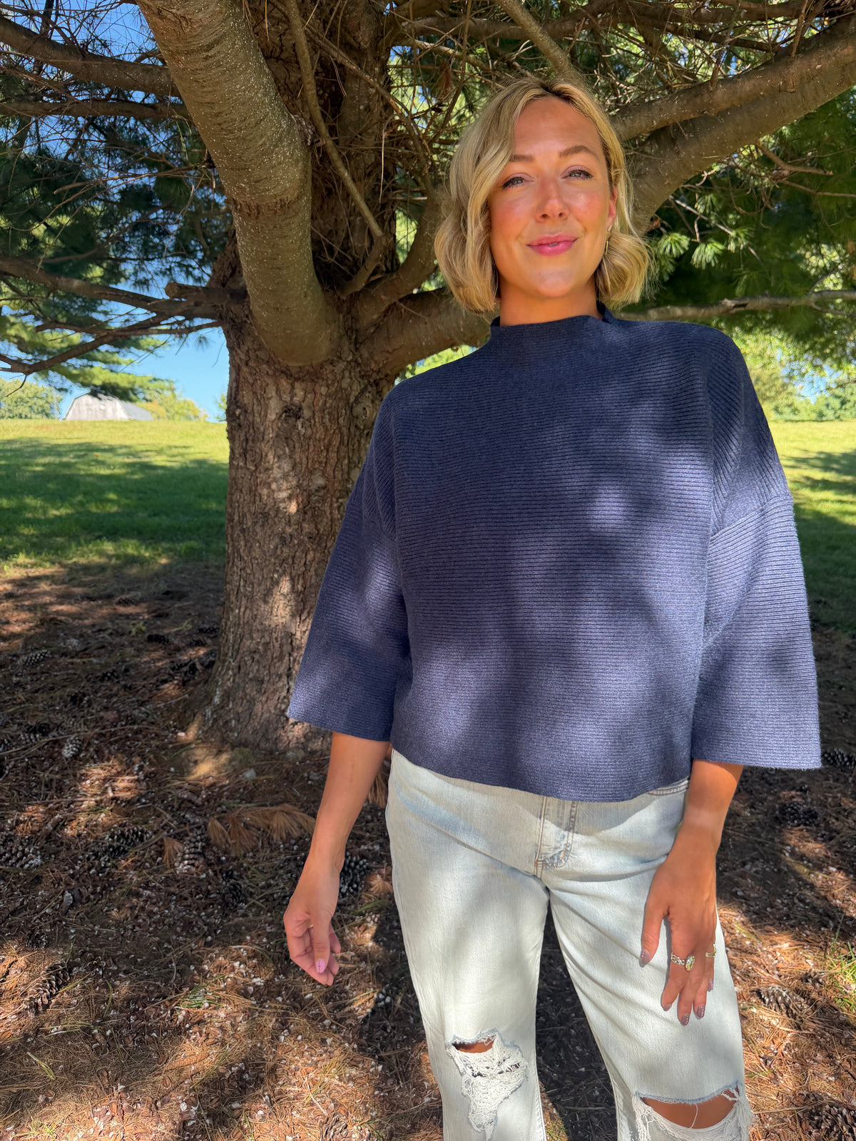 Navy Drop Shoulder 3/4 Length Sleeve Sweater