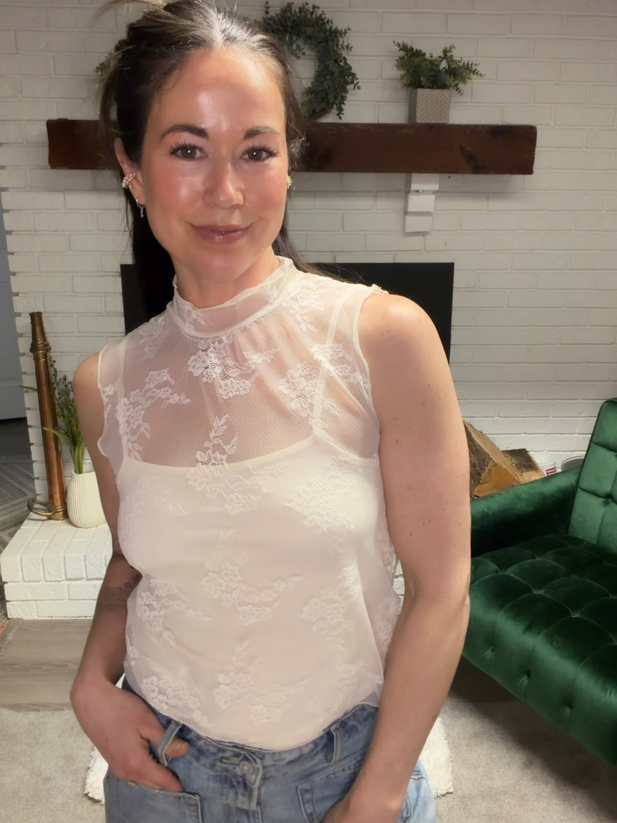 Cream Lace Overlay Sleeveless Top