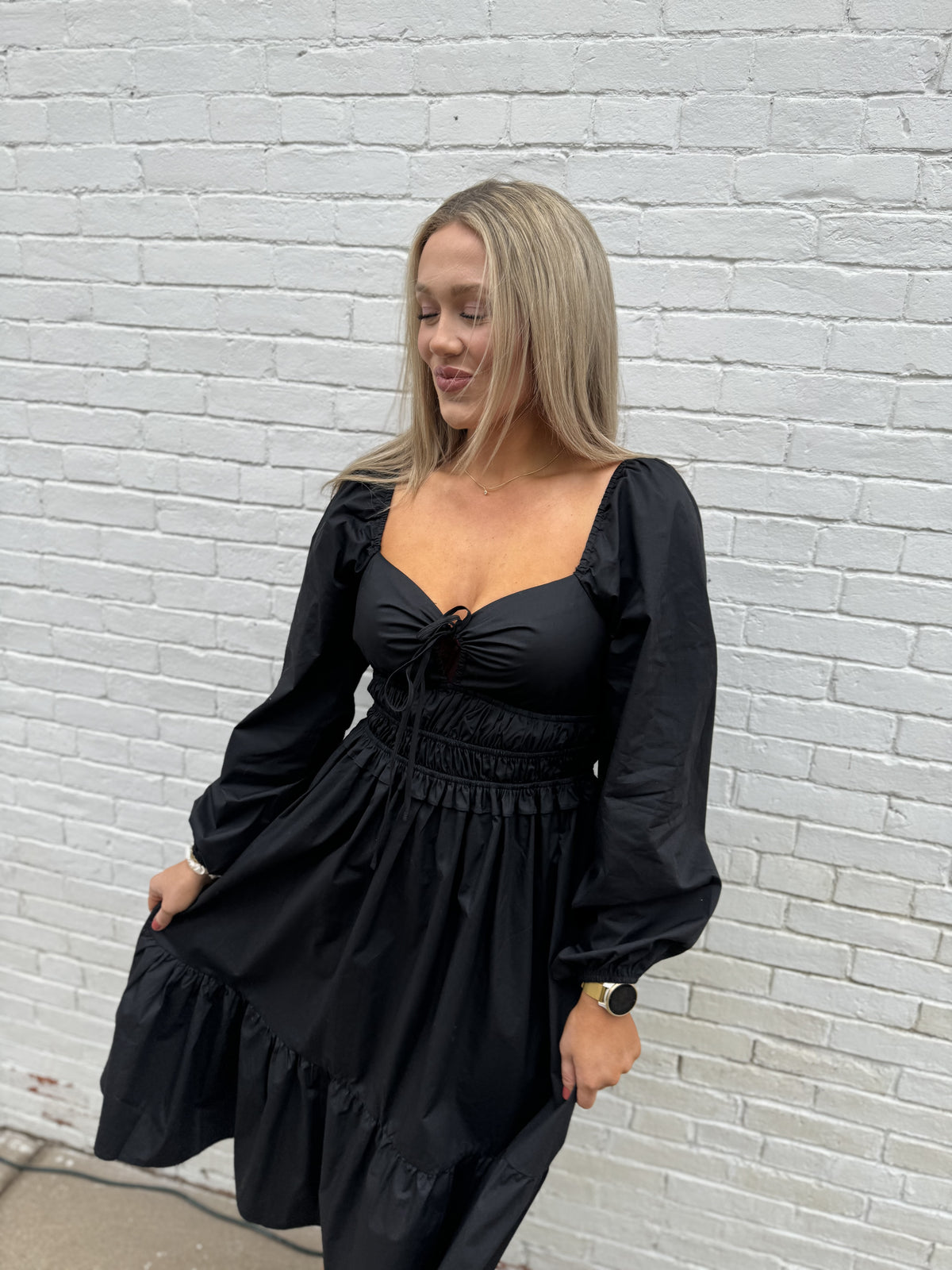 Black Long Sleeve Ruched Waist Dress