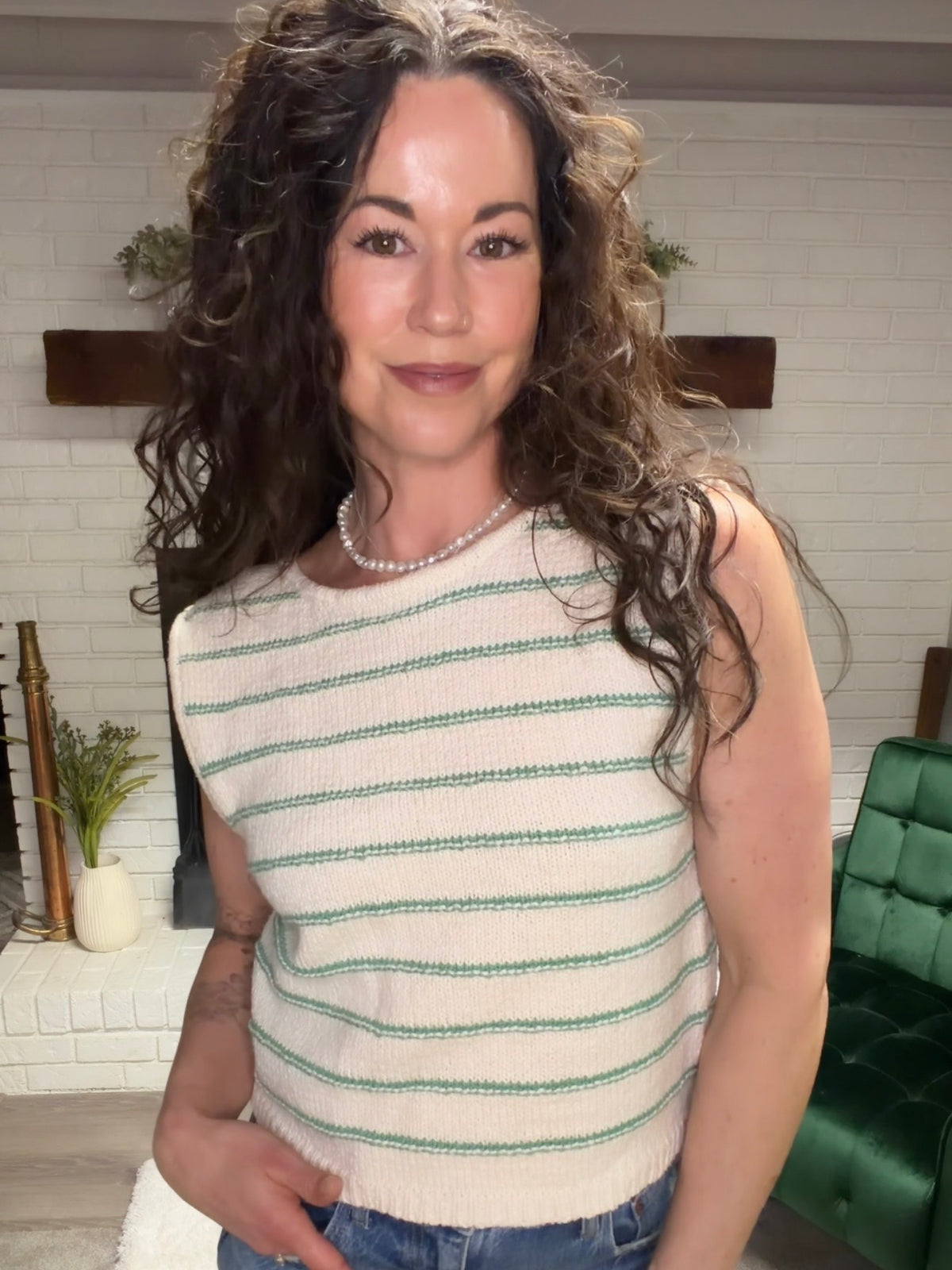 Cream & Green Striped Low Back Sleeveless Sweater