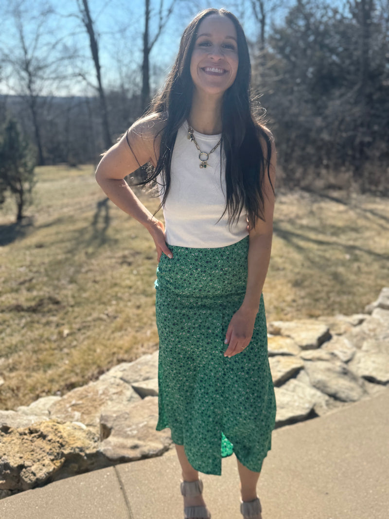 Green Floral Print Midi Skirt