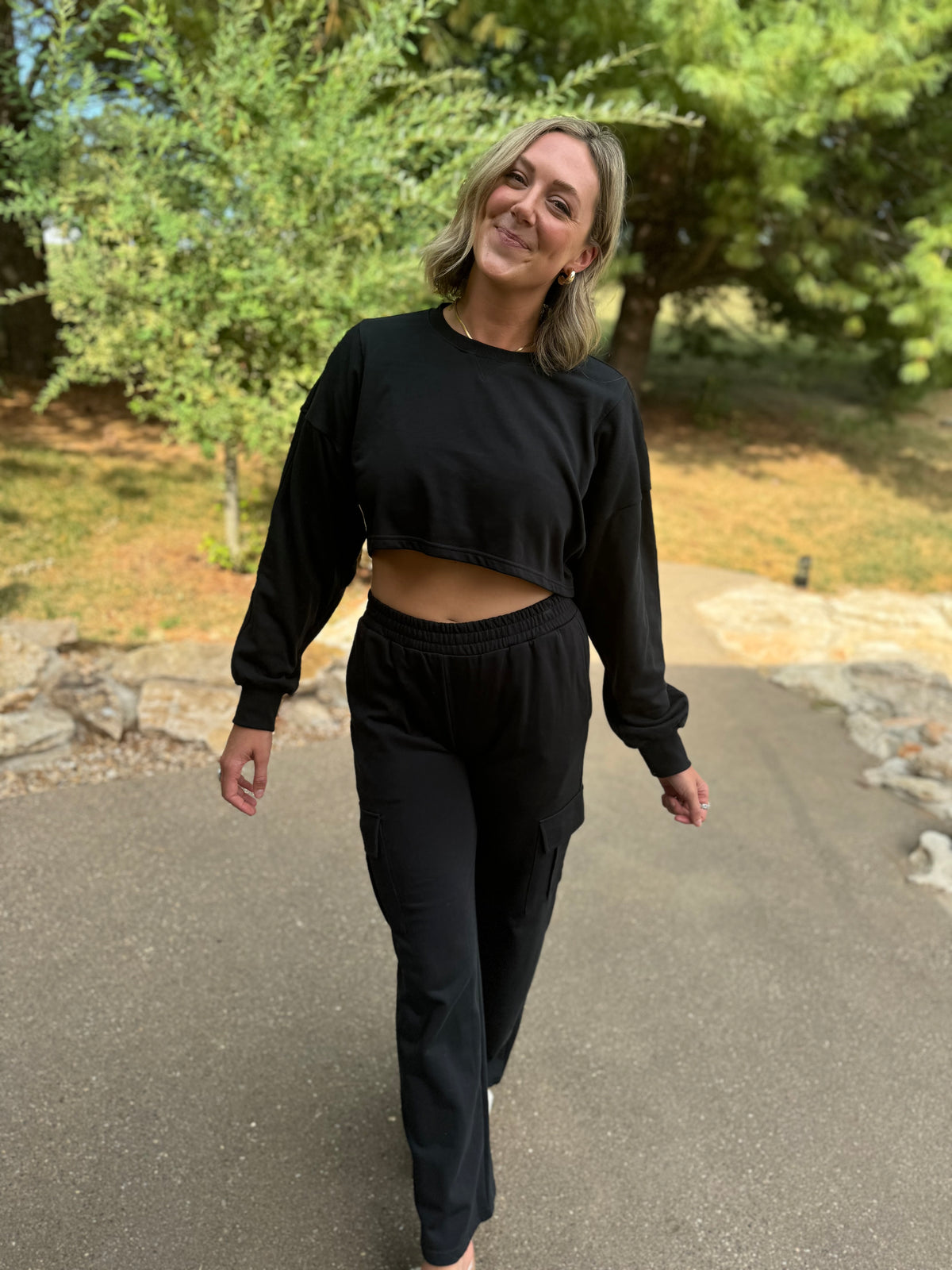 French Terry Crop Sweatshirt & Wide Leg Cargo Pant Set