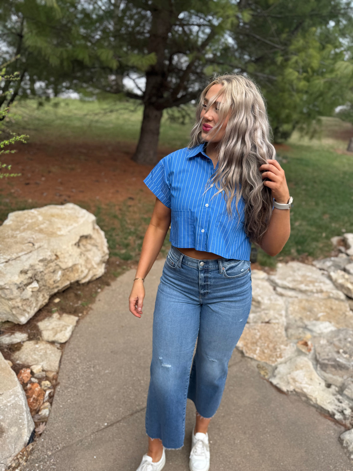 Cobalt Blue Cropped Woven Shirt