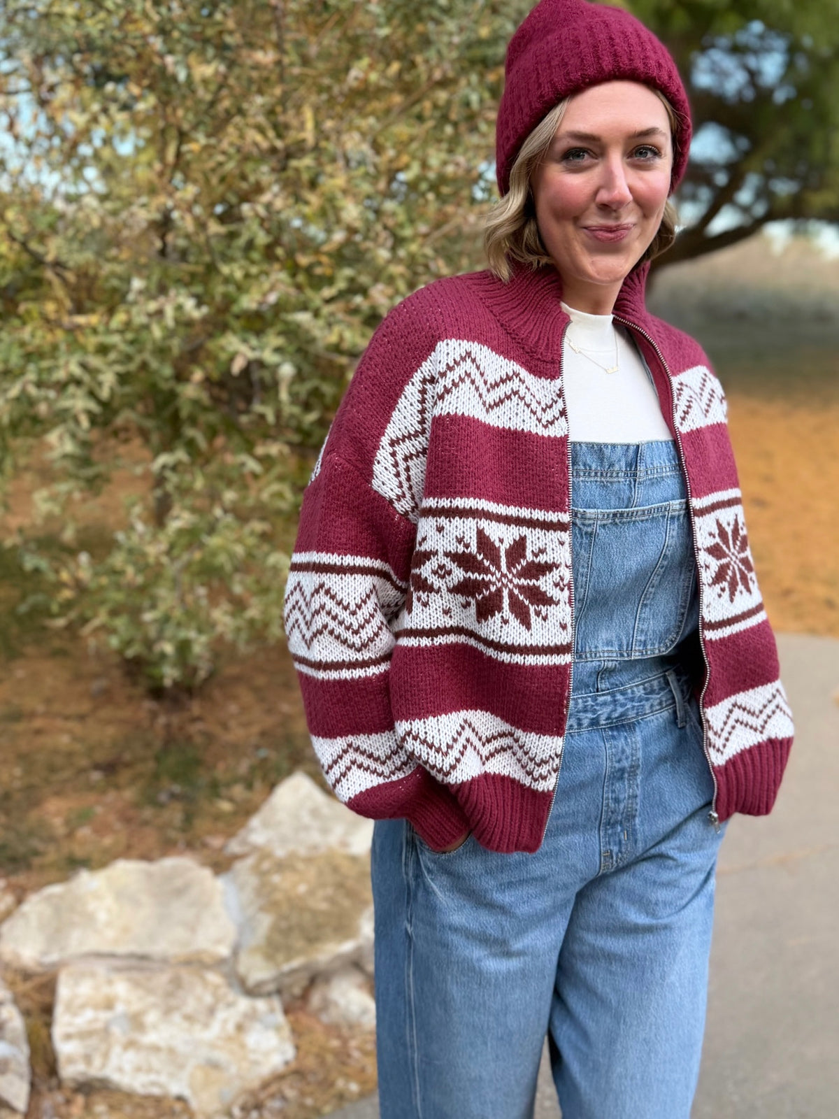 Burgundy Zip Front Fair Isle Sweater
