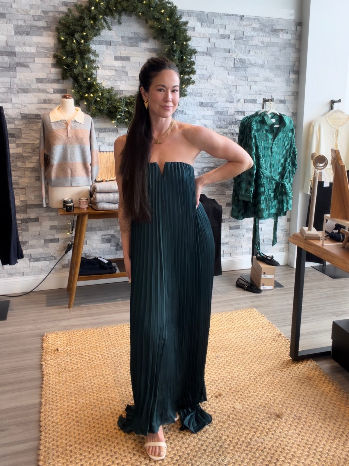 Emerald Green Strapless Pleated Maxi Dress