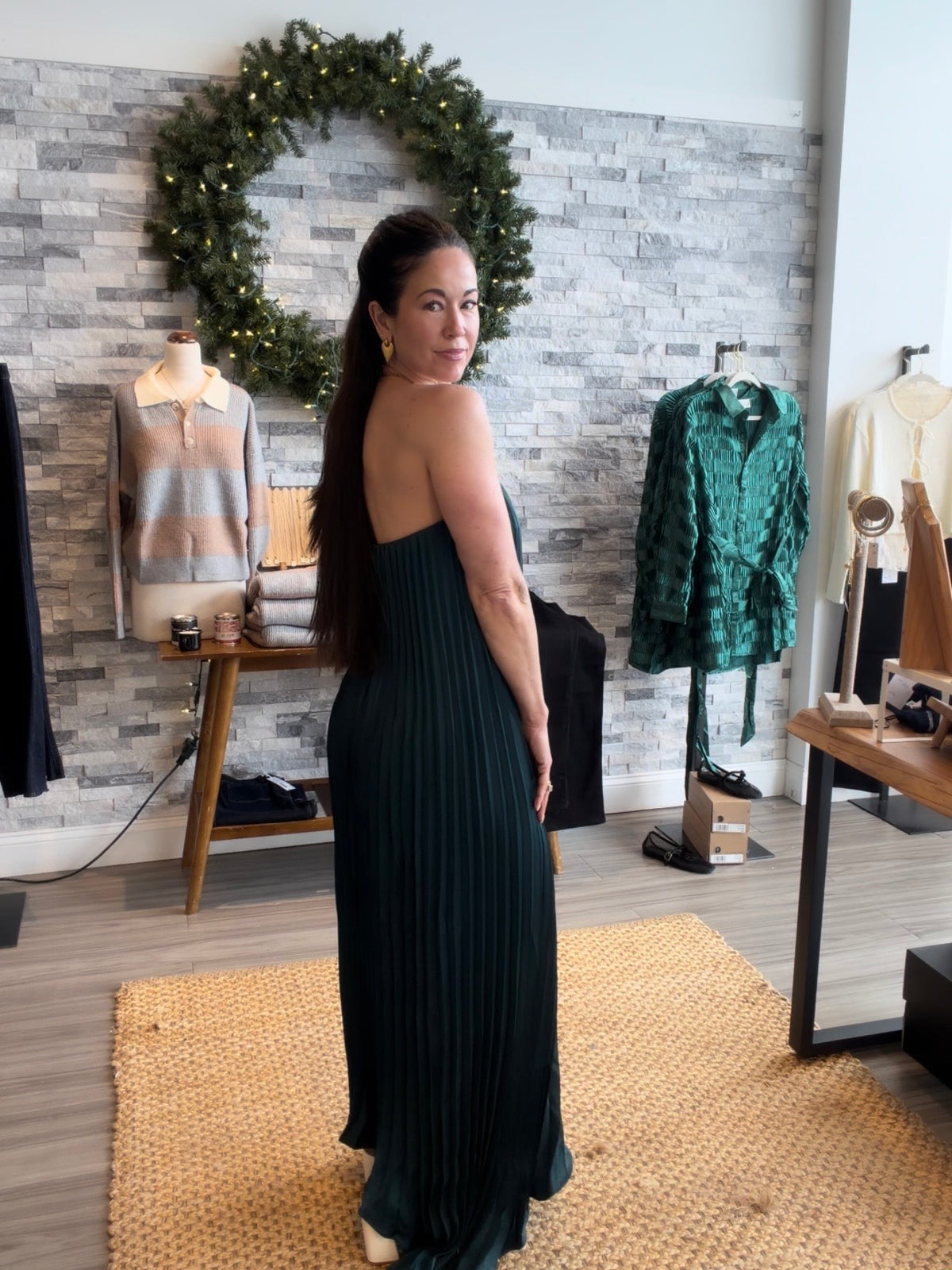 Emerald Green Strapless Pleated Maxi Dress