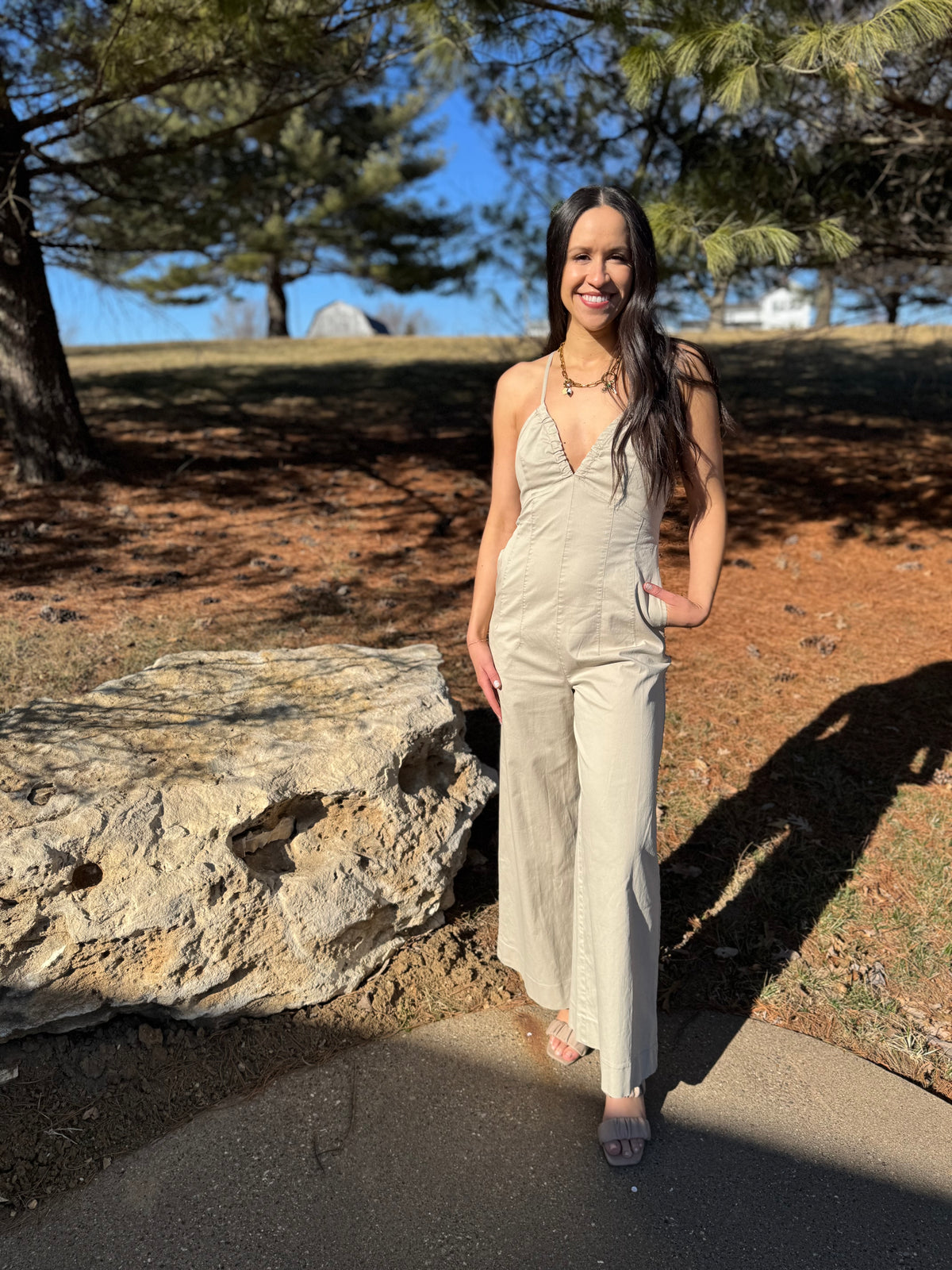 Tan Deep V Cross Tie Back Jumpsuit