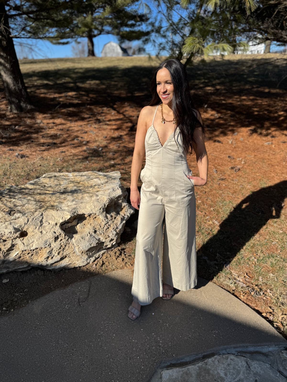 Tan Deep V Cross Tie Back Jumpsuit