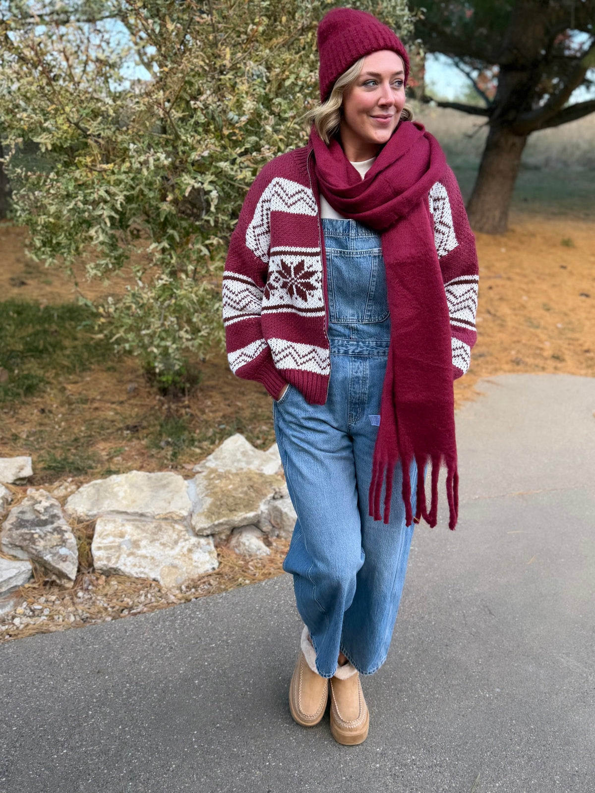 Burgundy Zip Front Fair Isle Sweater