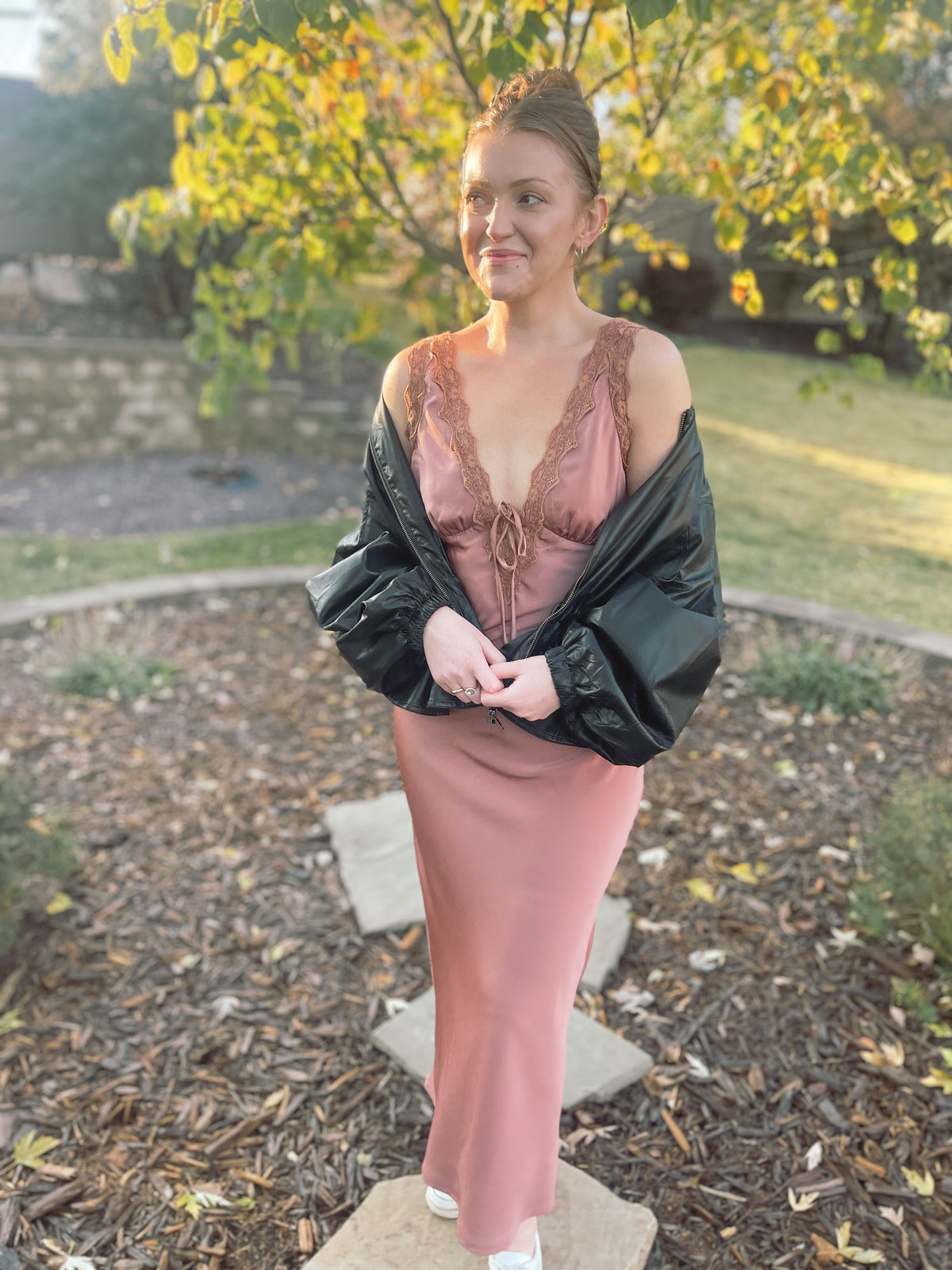 Rosey Brown Lace Trim Satin Dress