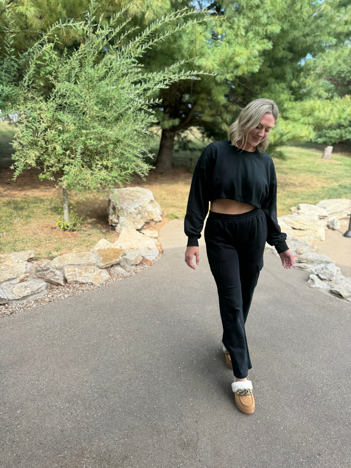 French Terry Crop Sweatshirt & Wide Leg Cargo Pant Set