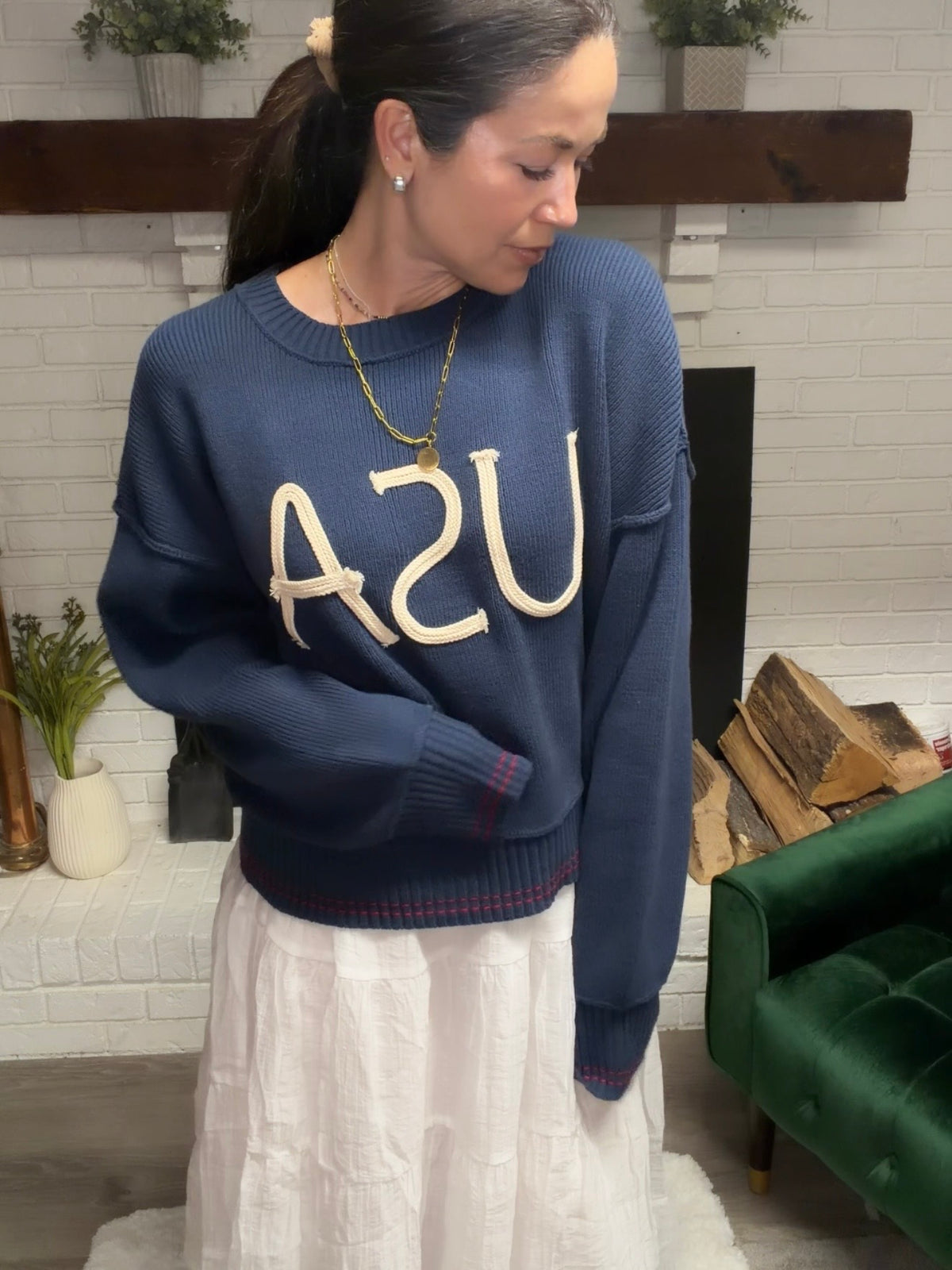 Navy Rope Detail USA Sweater