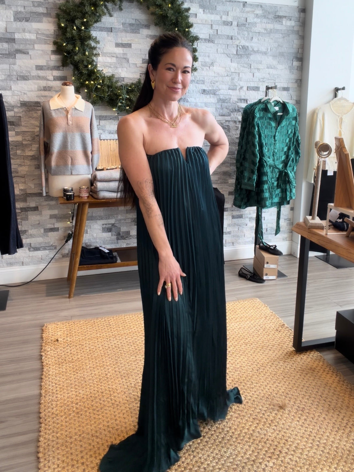 Emerald Green Strapless Pleated Maxi Dress