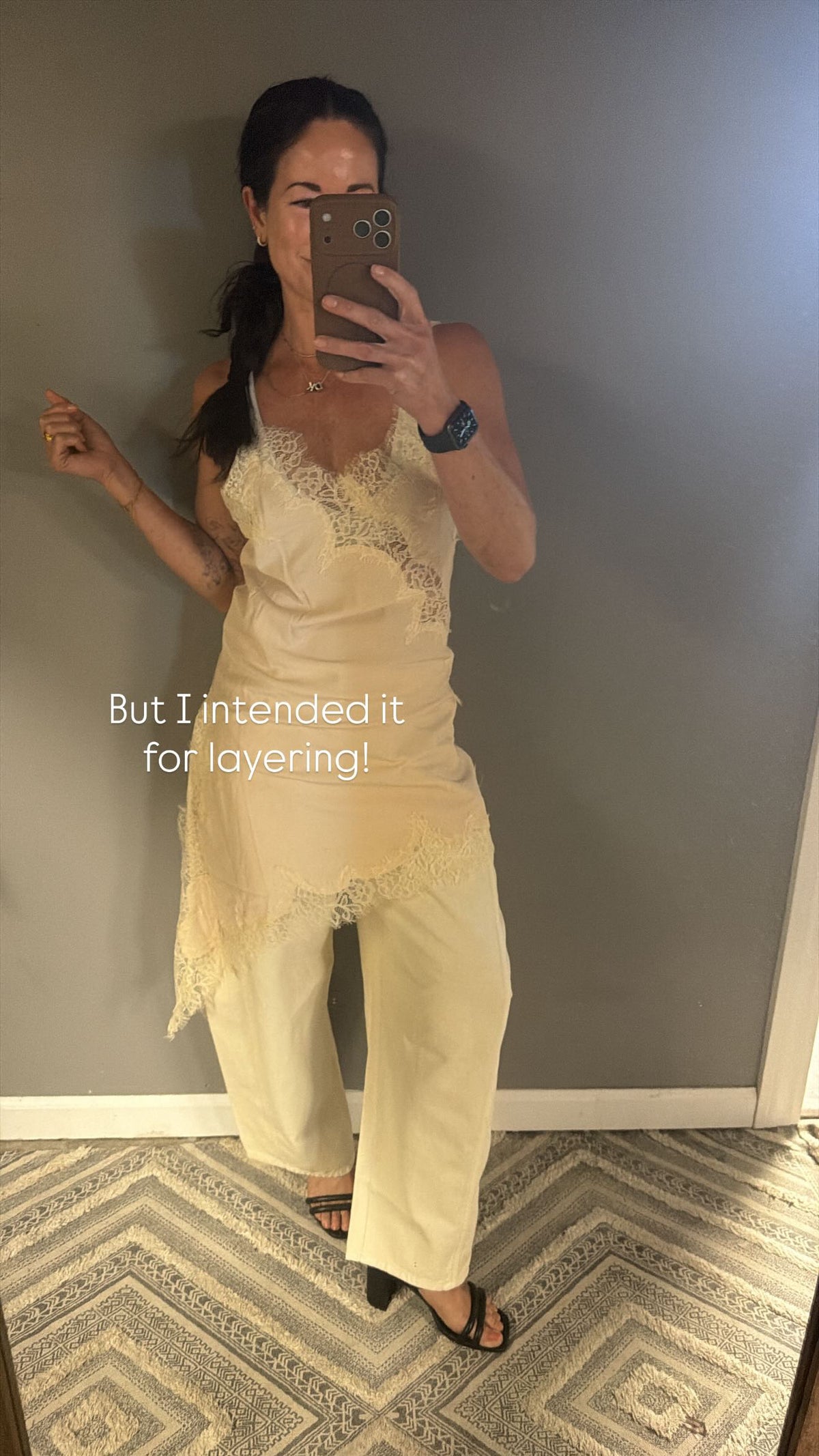 Cream Asymmetrical Lace Trim Dress