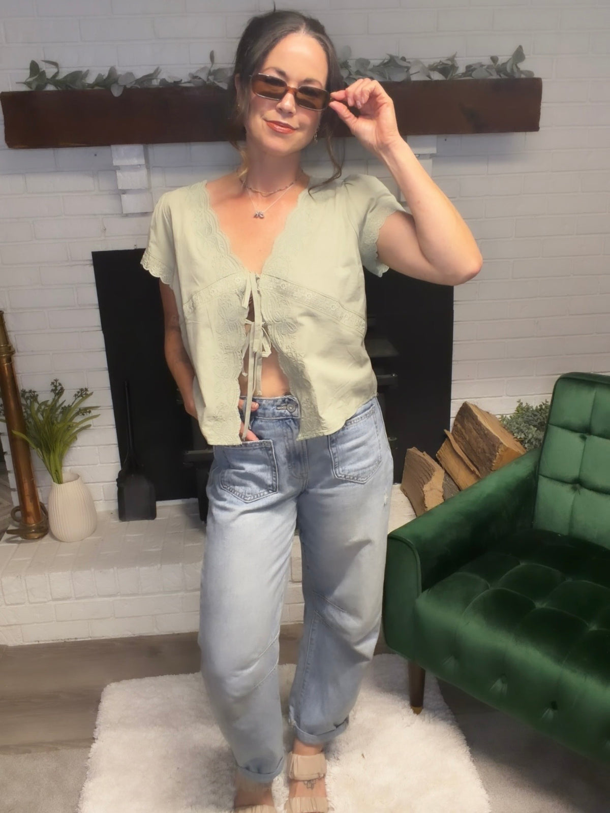 Sage Scalloped Edge Tie Front Top