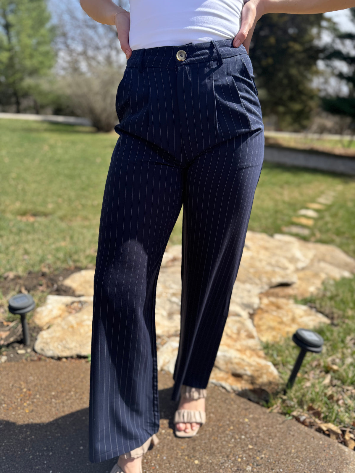 Navy Pinstripe Trousers