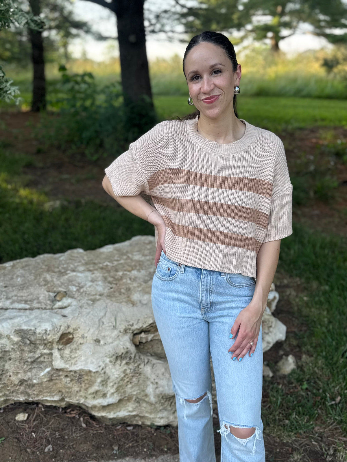 Beige & Brown Striped Short Sleeve Sweater