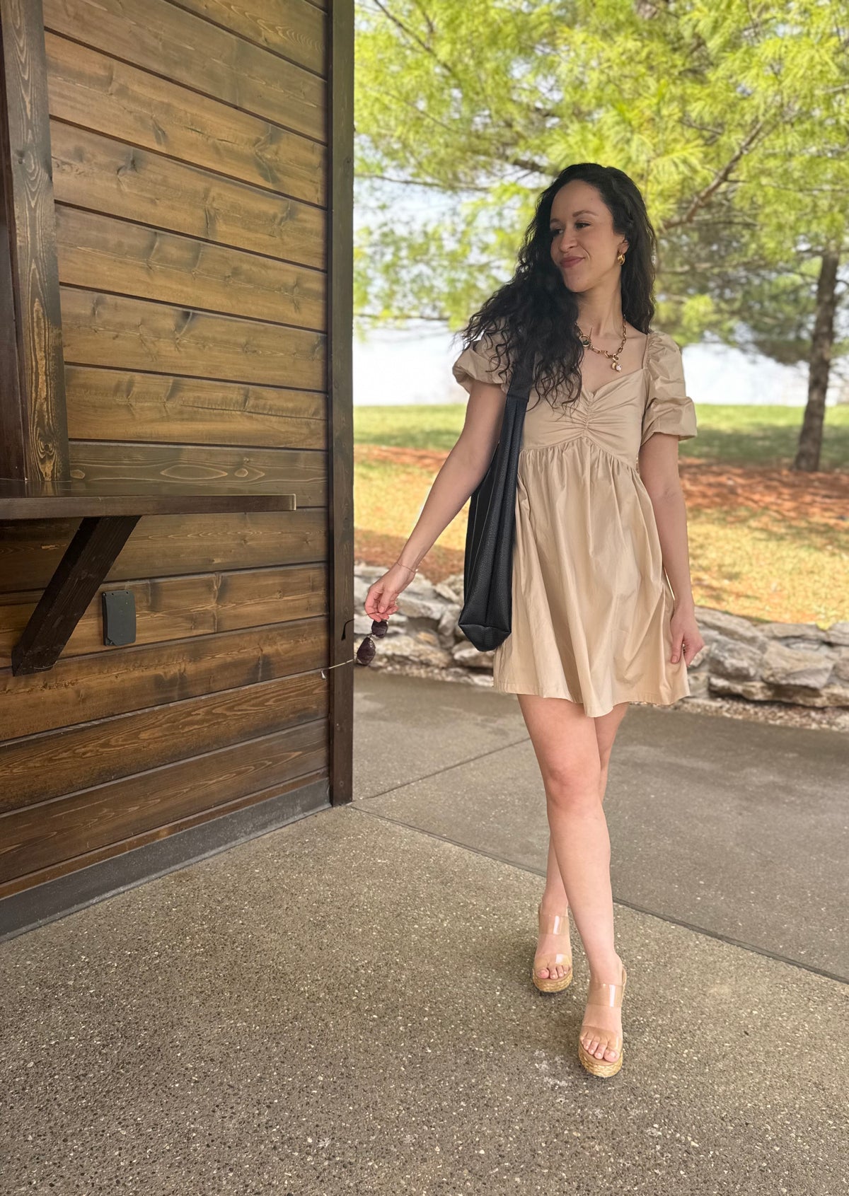 Tan Balloon Sleeve Mini Dress