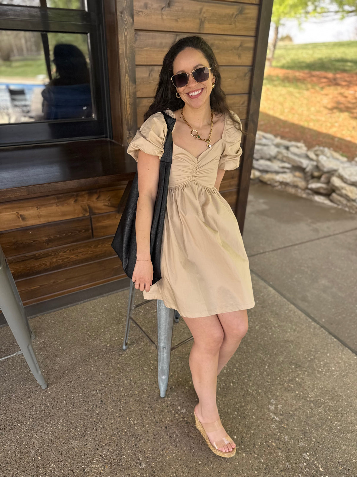 Tan Balloon Sleeve Mini Dress