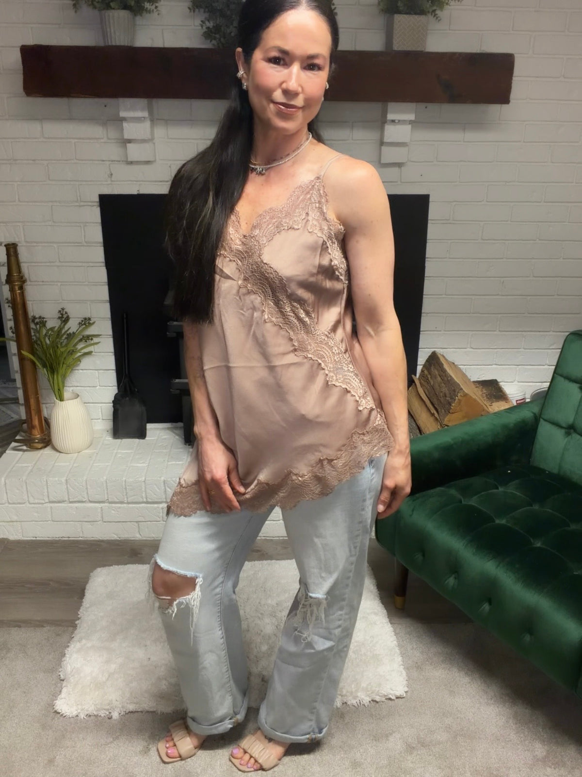 Mocha Asymmetrical Lace Tank Tunic Top