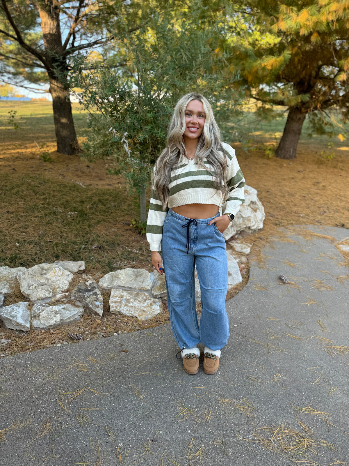 Olive Striped Cropped V-Neck Sweater