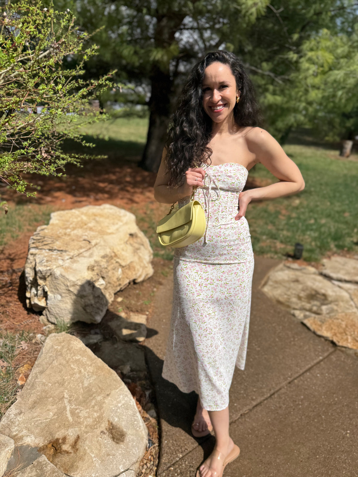 Pink Floral Print Strapless Midi Dress