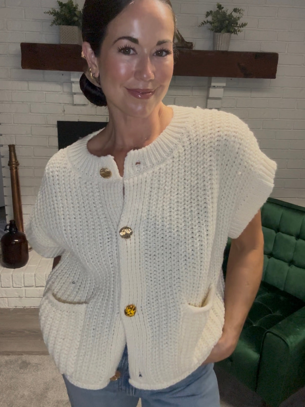Cream Gold Button Sleeveless Sweater