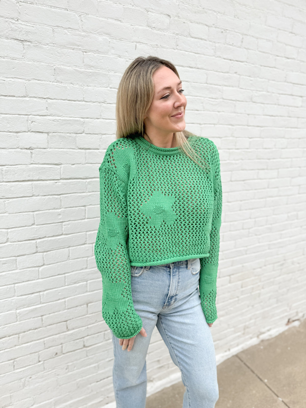 Green Cropped Daisy Net Knit Sweater