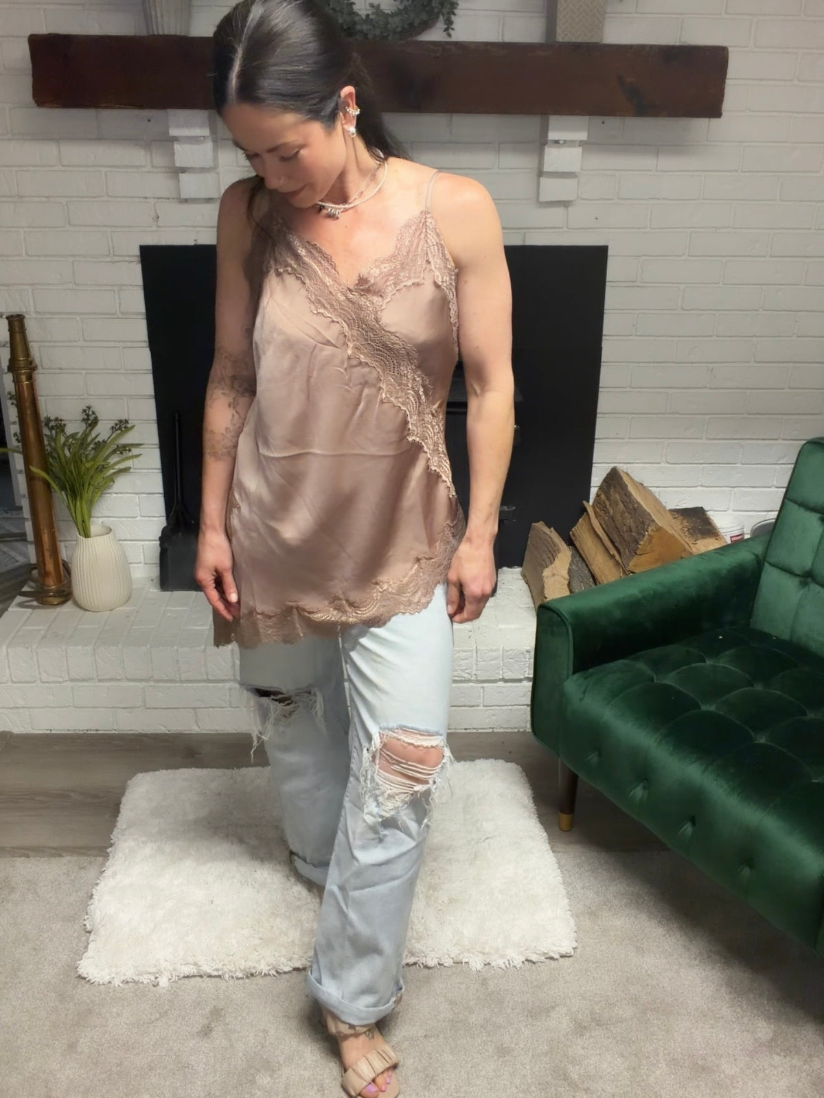 Mocha Asymmetrical Lace Tank Tunic Top