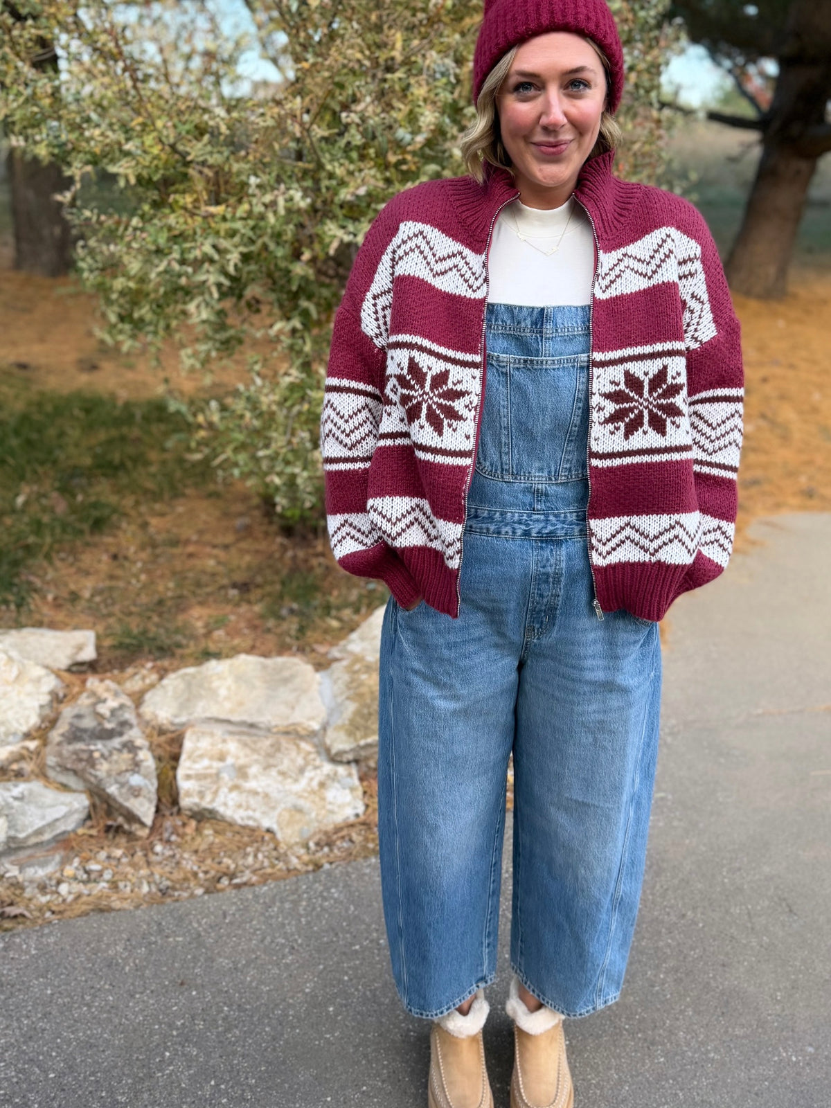Burgundy Zip Front Fair Isle Sweater