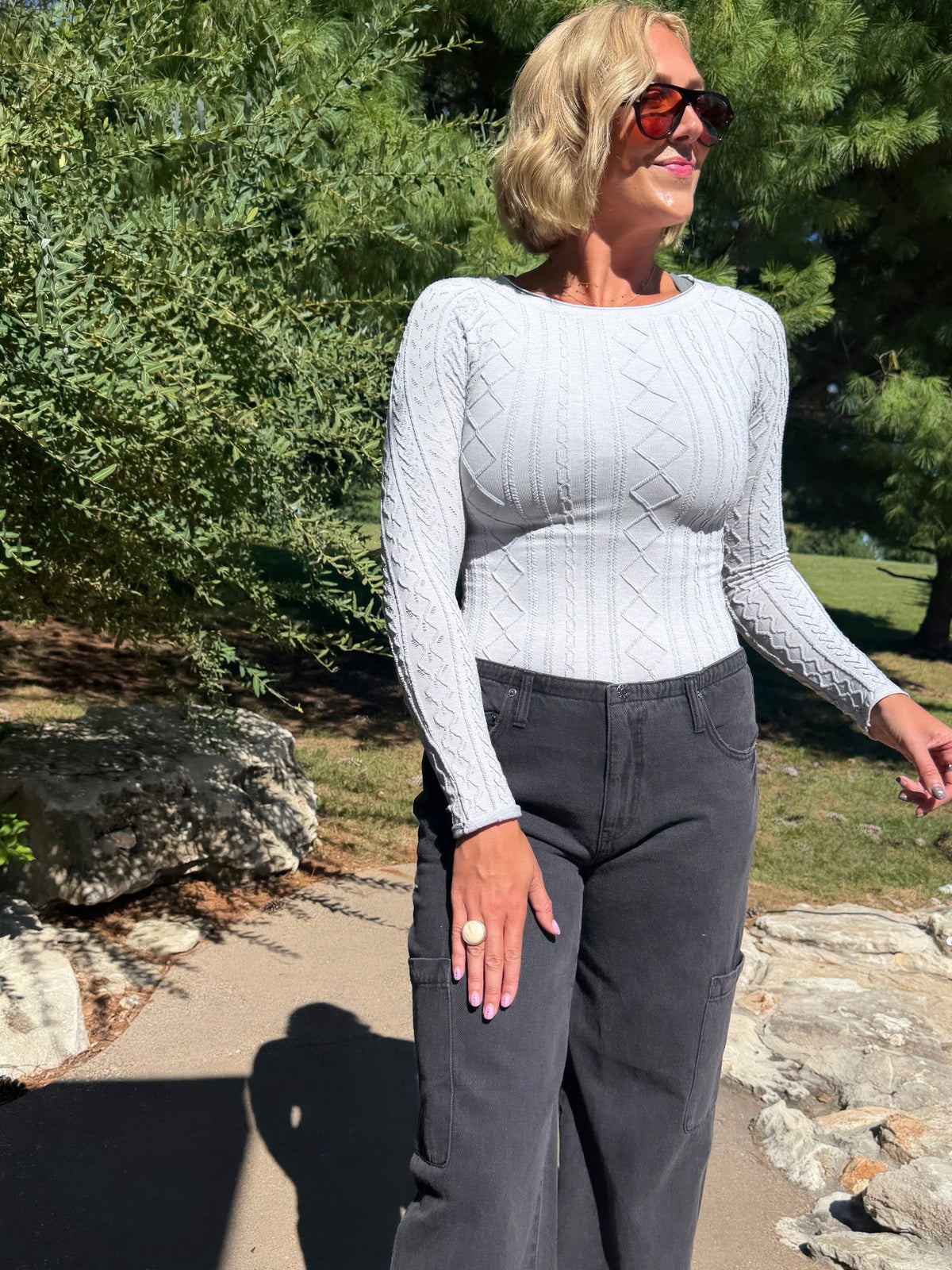 Grey Textured Long Sleeve Fitted Top