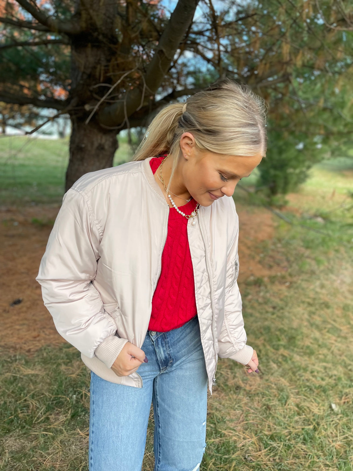 Cream Ruched Sleeve Bomber Jacket