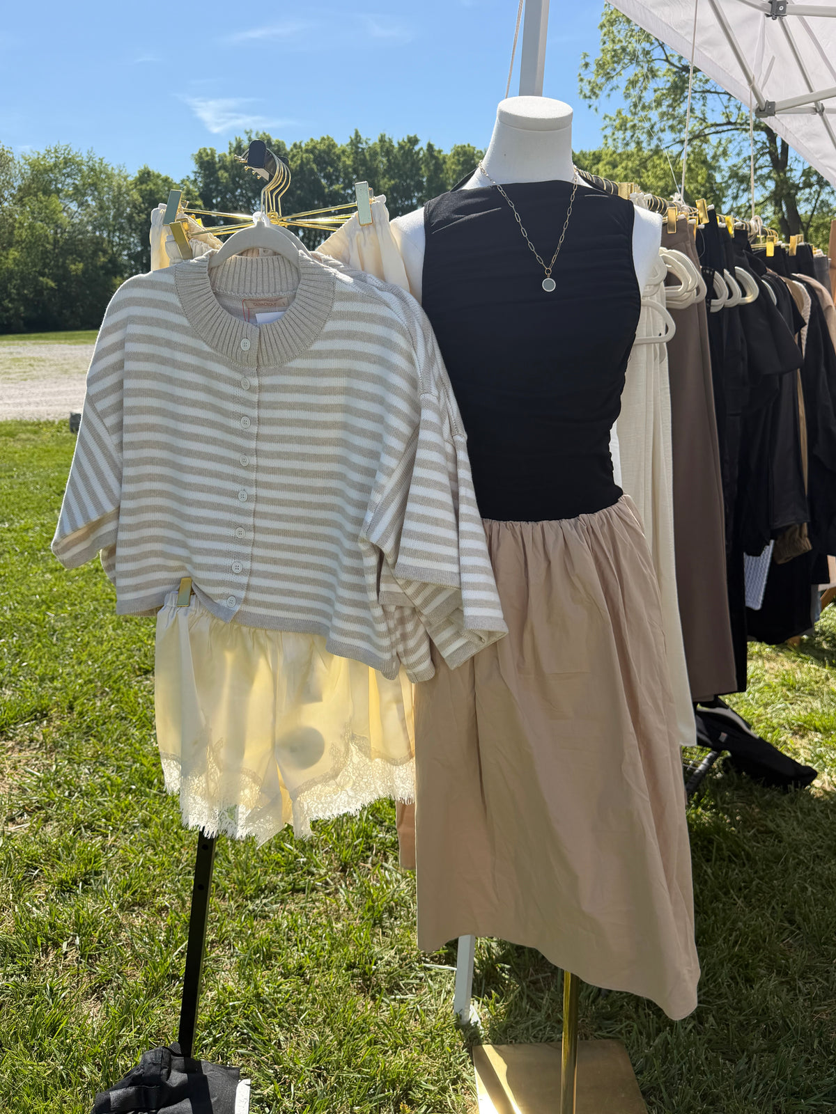Oatmeal and White Stripe Button Front Sweater