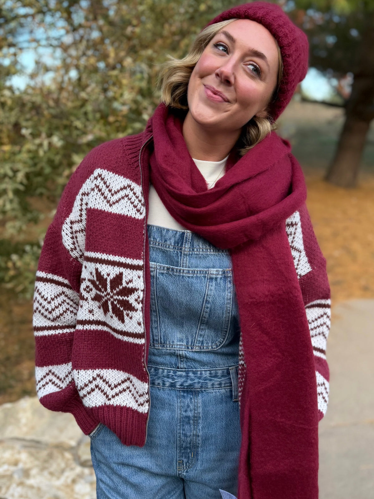 Burgundy Zip Front Fair Isle Sweater